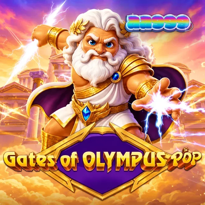 Interface do jogo Gates of Olympus POP com Zeus e símbolos temáticos.